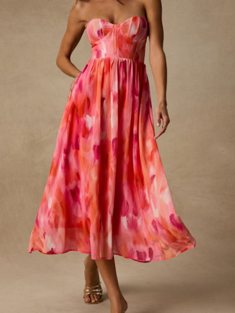 Lulus Aysel Coral Pink Abstract Strapless Bustier Midi Dress - Size M